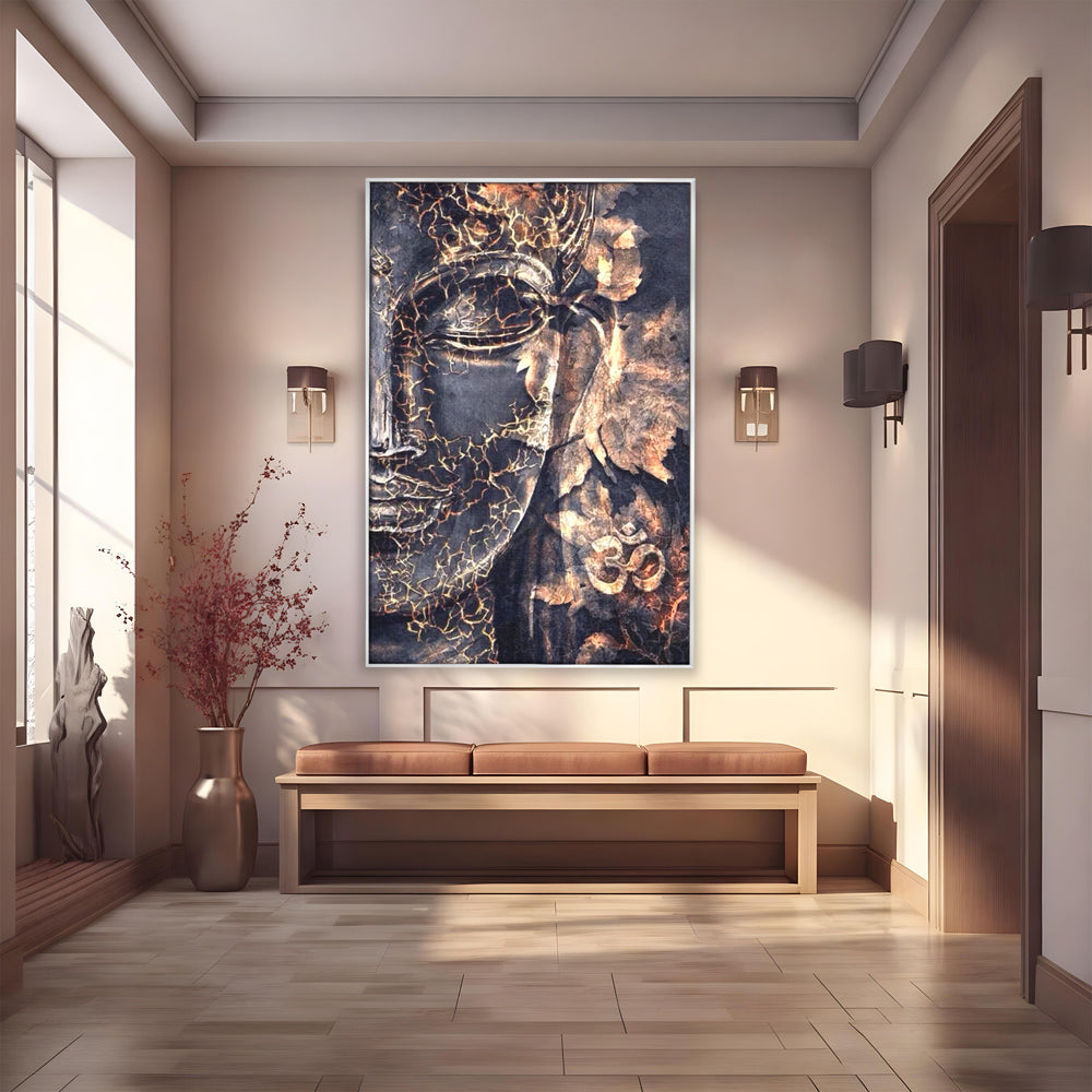 Tablou canvas cu tablou canvas cu chipul lui buddha, in rama de aluminiu argintiu